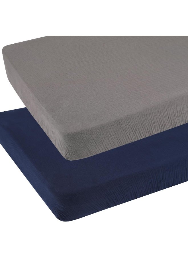Knlpruhk Muslin Travel Crib Fitted Sheets Compatible with Baby Bjorn, Guava Lotus Travel Crib and 24 x 42 Inch Travel Light Playard Mattress Snuggly Soft 100% Cotton Grey & Navy