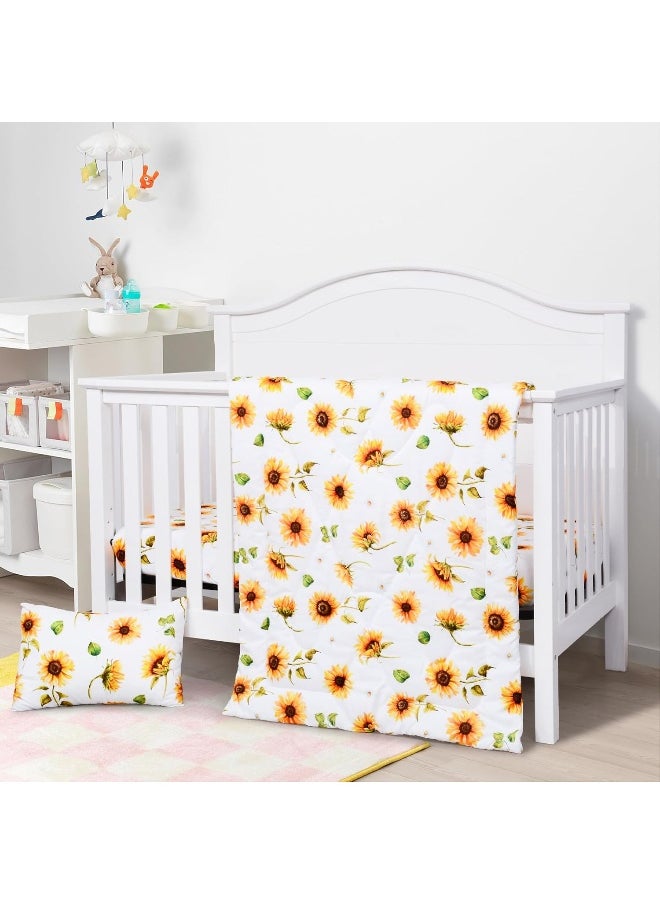 JISEN 3 Piece Baby Crib Bedding Set for Girls - Soft Floral Crib Comforter Set with Crib Sheet Comforter and Pillowcase Sunflowers