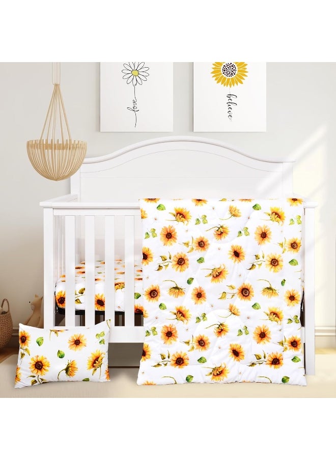 JISEN 3 Piece Baby Crib Bedding Set for Girls - Soft Floral Crib Comforter Set with Crib Sheet Comforter and Pillowcase Sunflowers