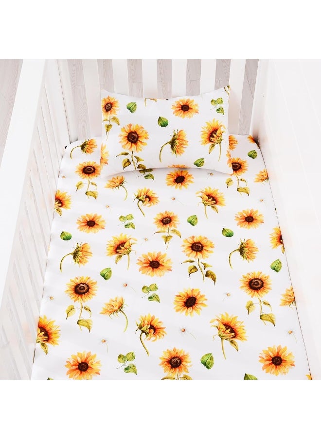 JISEN 3 Piece Baby Crib Bedding Set for Girls - Soft Floral Crib Comforter Set with Crib Sheet Comforter and Pillowcase Sunflowers