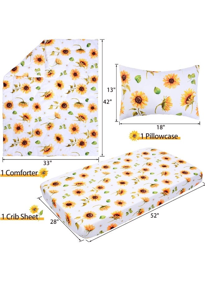 JISEN 3 Piece Baby Crib Bedding Set for Girls - Soft Floral Crib Comforter Set with Crib Sheet Comforter and Pillowcase Sunflowers