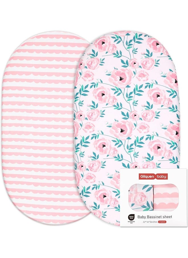 GLLQUEN BABY Bassinet Crib Sheets Set, Breathable Cozy Fitted Mattress Sheet, Elastic Travel Crib Fashionable Floral Pattern, Standard Cradle Safe Sheets for Baby Boy Girls 32