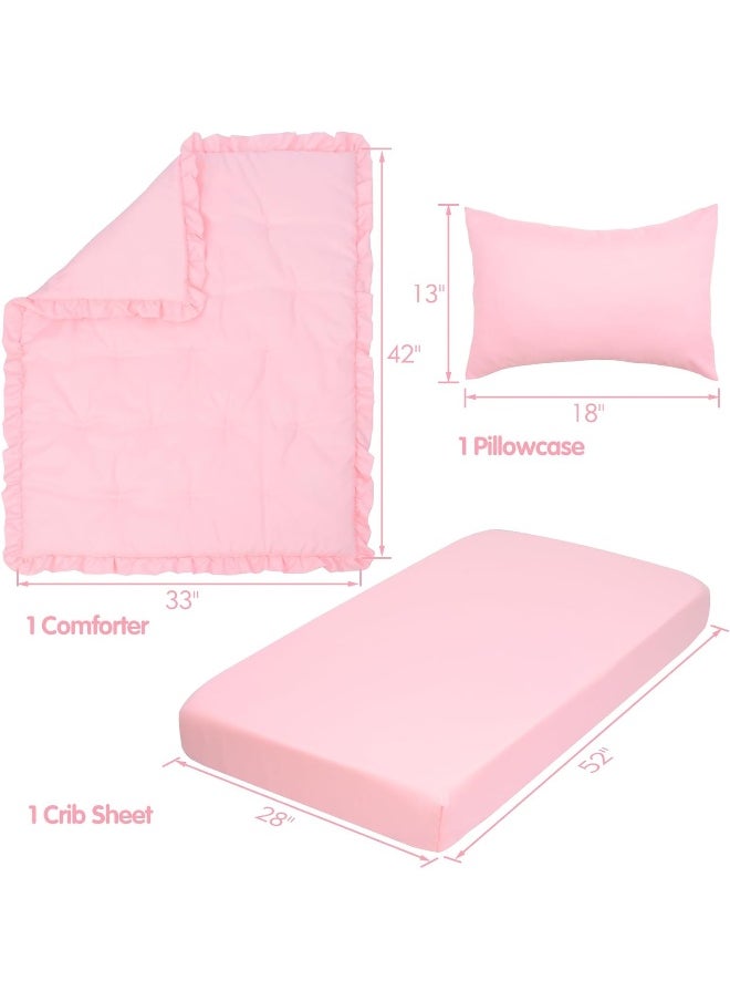 JISEN 3 Piece Crib Bedding Set Soft Baby Crib Bedding Set Ruffle Crib Comforter Set - Crib Quilt Crib Sheet Pillowcase Nursery Bedding Sets for Baby Boys or Girls Pink