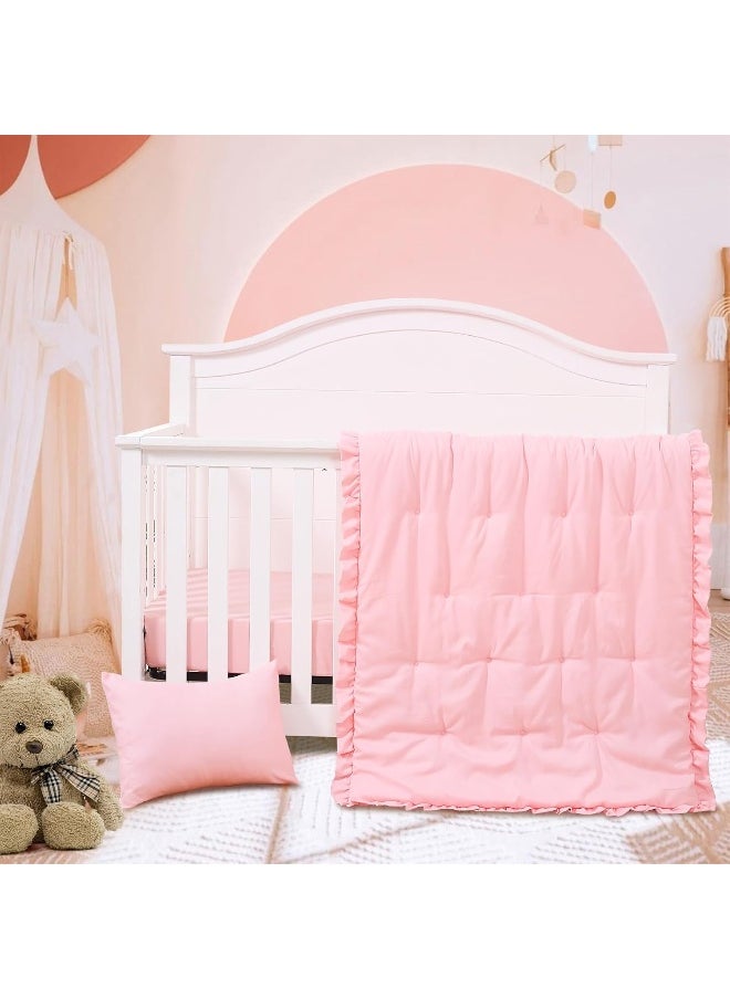 JISEN 3 Piece Crib Bedding Set Soft Baby Crib Bedding Set Ruffle Crib Comforter Set - Crib Quilt Crib Sheet Pillowcase Nursery Bedding Sets for Baby Boys or Girls Pink
