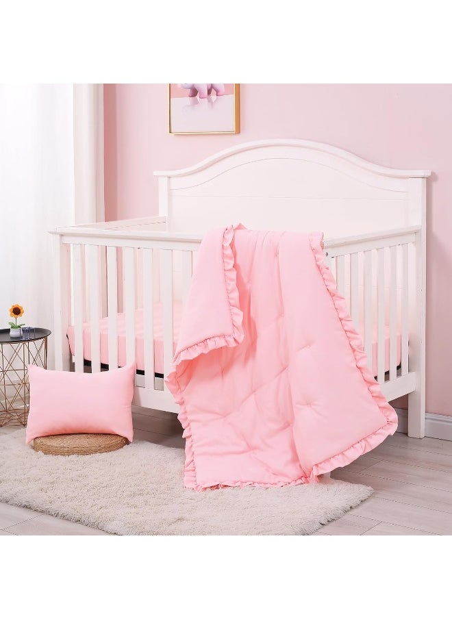 JISEN 3 Piece Crib Bedding Set Soft Baby Crib Bedding Set Ruffle Crib Comforter Set - Crib Quilt Crib Sheet Pillowcase Nursery Bedding Sets for Baby Boys or Girls Pink