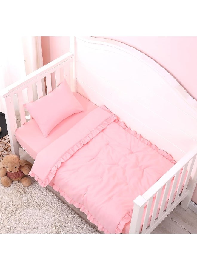 JISEN 3 Piece Crib Bedding Set Soft Baby Crib Bedding Set Ruffle Crib Comforter Set - Crib Quilt Crib Sheet Pillowcase Nursery Bedding Sets for Baby Boys or Girls Pink