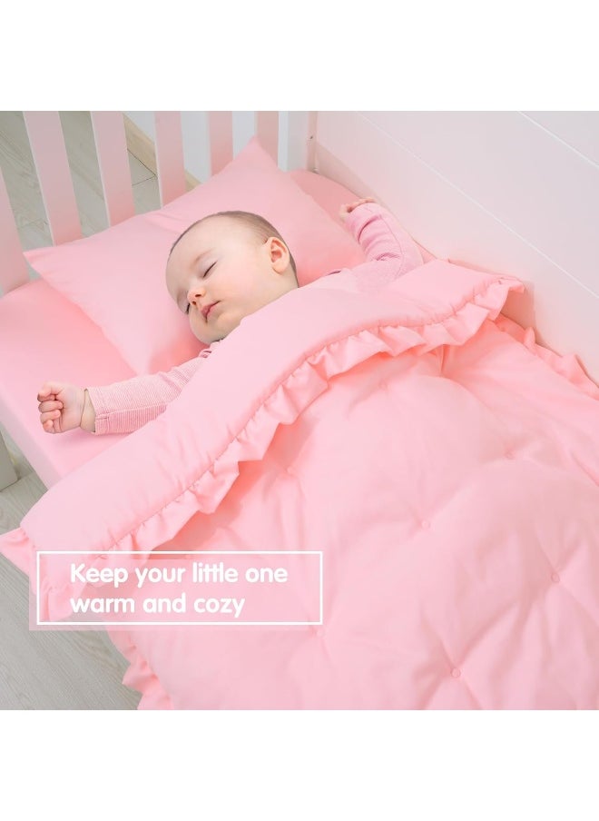 JISEN 3 Piece Crib Bedding Set Soft Baby Crib Bedding Set Ruffle Crib Comforter Set - Crib Quilt Crib Sheet Pillowcase Nursery Bedding Sets for Baby Boys or Girls Pink