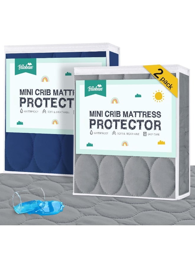 Biloban Mini Crib Mattress Protector Sheets Waterproof 2 Pack, Quilted Pack and Play Mattress Pad Cover Fits for Baby Mini Crib/Playen/Pack and Play Mattress, Grey & Navy, 38