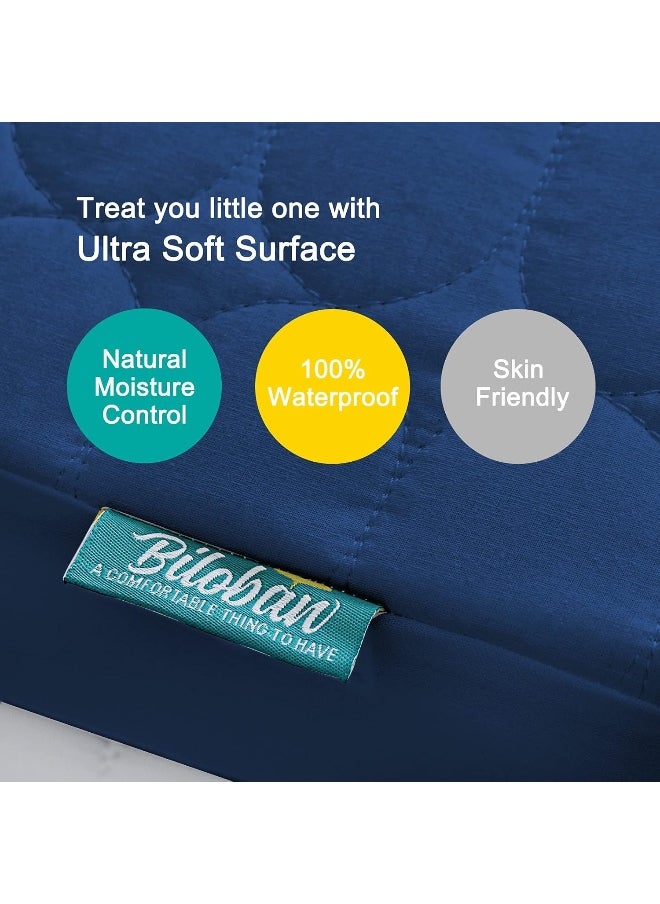 Biloban Mini Crib Mattress Protector Sheets Waterproof 2 Pack, Quilted Pack and Play Mattress Pad Cover Fits for Baby Mini Crib/Playen/Pack and Play Mattress, Grey & Navy, 38