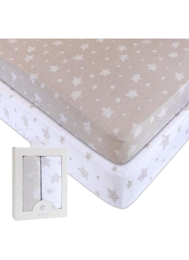 Ely's & Co. Crib Sheet Set 2 Pack 100% Jersey Cotton for Baby Girl and Baby Boy - Tan Drawn Star