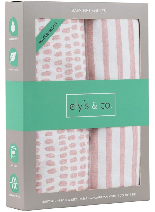 Ely's & Co. Patent Pending Waterproof Bassinet Sheet, No Need for Bassinet Mattress Pad Cover, 2 Pack Mauve Pink Splash & Stripes, for Baby Girl 32