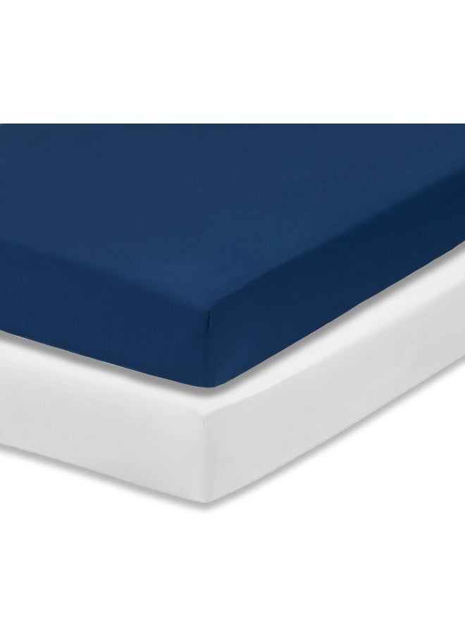 Everyday Kids 2-Pack Fitted Crib Sheets, 100% Soft Breathable Microfiber Baby Sheet, Fits Standard Size Crib Mattress 28in x 52in, White Nursery Sheet and Navy Nursery Sheet