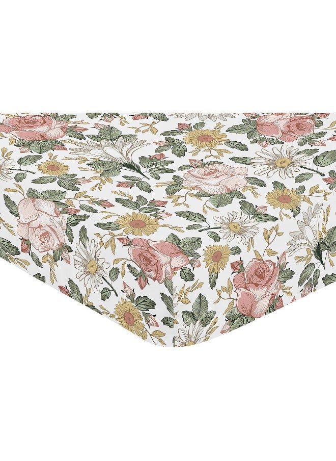 Vintage Floral Boho Girl Fitted Crib Sheet Baby or Toddler Bed Nursery - Blush Pink, Yellow, Green and White Shabby Chic Rose Flower Farmhouse