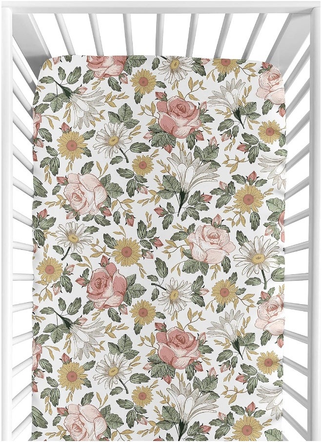 Vintage Floral Boho Girl Fitted Crib Sheet Baby or Toddler Bed Nursery - Blush Pink, Yellow, Green and White Shabby Chic Rose Flower Farmhouse