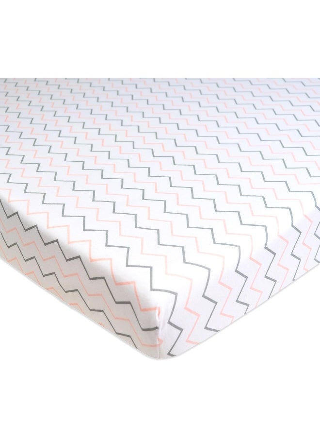100% Natural Cotton Value Jersey Knit Fitted Portable/Mini-Crib Sheet, Pink Star/Zigzag, 24