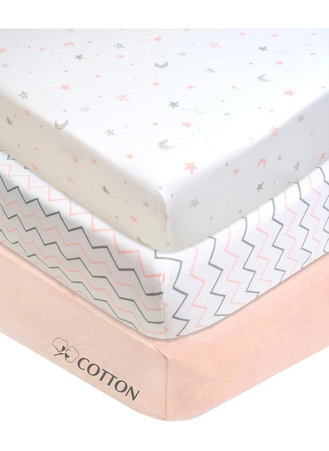 100% Natural Cotton Value Jersey Knit Fitted Portable/Mini-Crib Sheet, Pink Star/Zigzag, 24