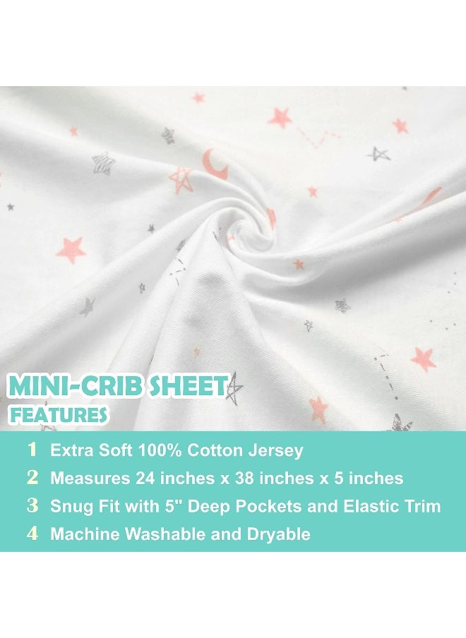 100% Natural Cotton Value Jersey Knit Fitted Portable/Mini-Crib Sheet, Pink Star/Zigzag, 24