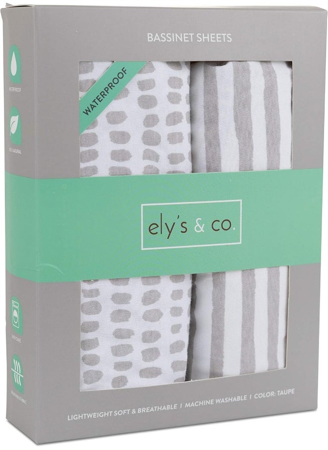 Ely's & Co. Waterproof Bassinet Sheet, No Need for Bassinet Mattress Pad Cover, 2 Pack Taupe Splash Stripes, Unisex for Baby Boy and Baby Girl