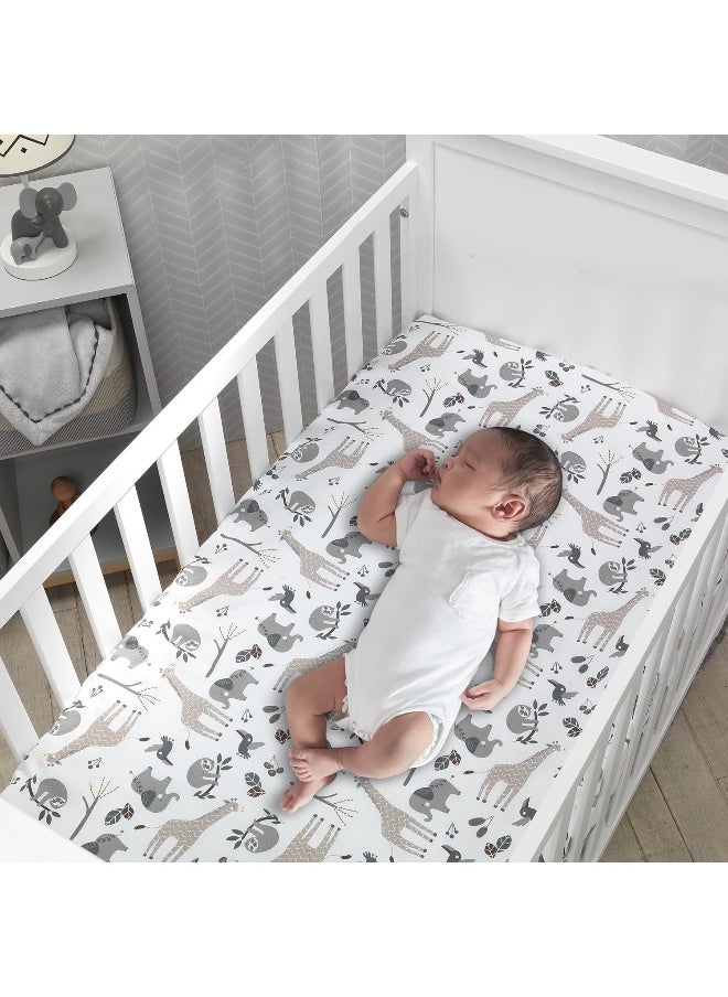 Lambs & Ivy Baby Jungle Animals White/Gray/Taupe Cotton Fitted Crib Sheet