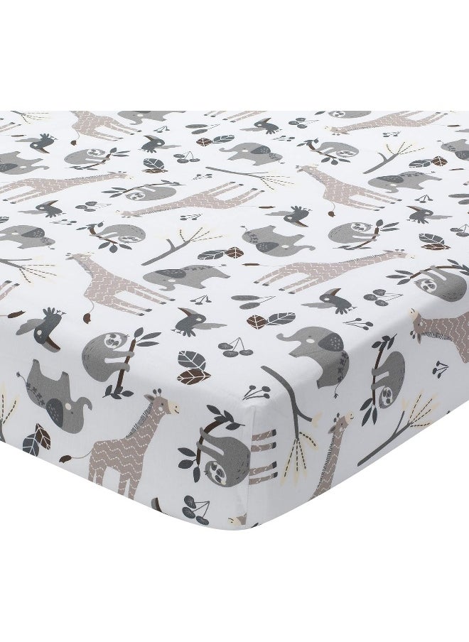 Lambs & Ivy Baby Jungle Animals White/Gray/Taupe Cotton Fitted Crib Sheet