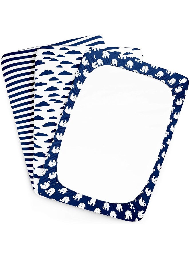 Pack n Play Playard Sheets Set | 3 Pack | 100% Super Soft Jersey Knit Cotton (150 GSM) | Portable Mini Crib Mattress Fitted Sheet for Boys & Girls