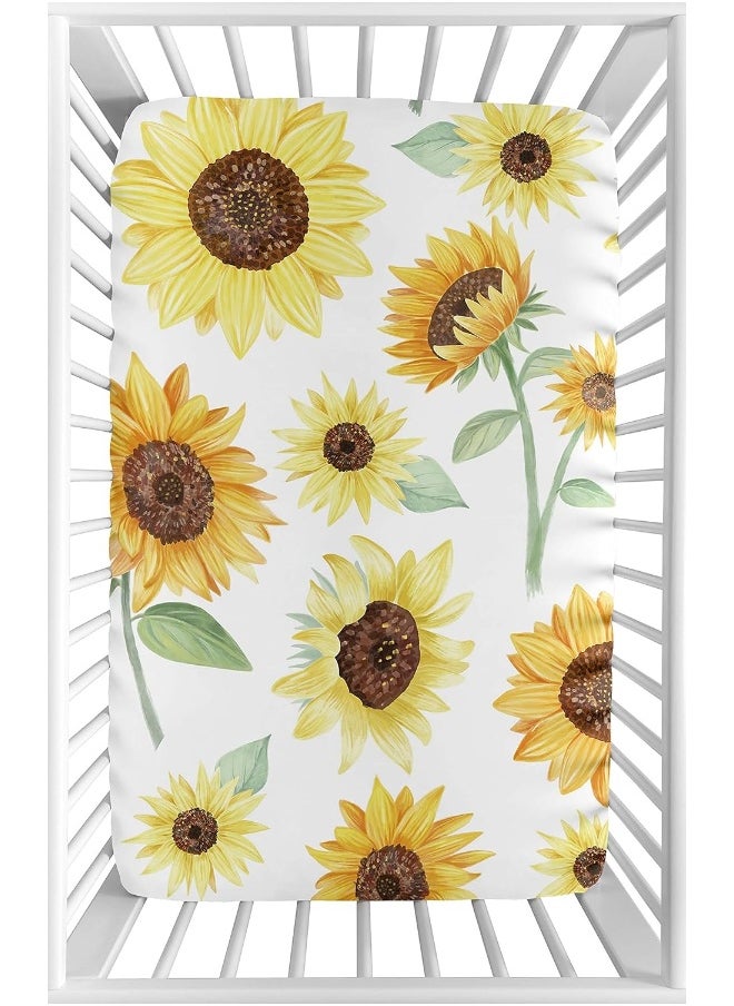 Sweet Jojo Designs Yellow, Green and White Sunflower Boho Floral Girl Baby Nursery Fitted Mini Portable Crib Sheet for Mini Crib or Pack and Play ONLY - Farmhouse Watercolor Flower