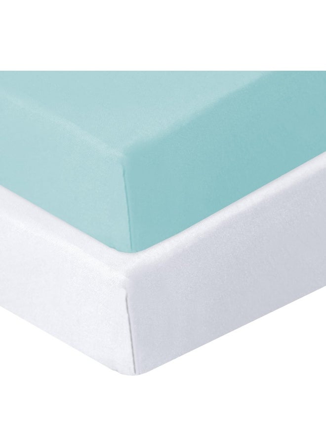 Biloban Mini Crib Sheets Fitted, 2 Pack Portable Playard Pack N Play Sheet, Ultra Soft Microfiber Pack and Play Sheets, White & Aqua, Preshrunk