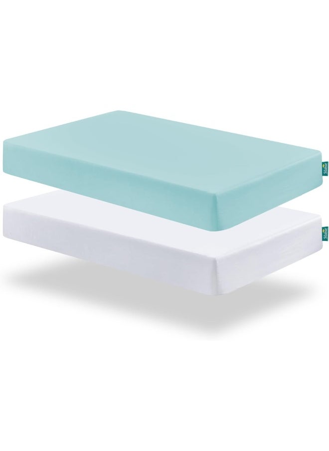 Biloban Mini Crib Sheets Fitted, 2 Pack Portable Playard Pack N Play Sheet, Ultra Soft Microfiber Pack and Play Sheets, White & Aqua, Preshrunk