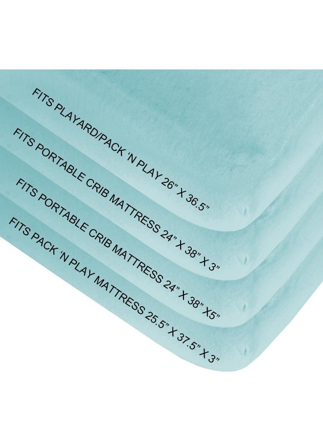 Biloban Mini Crib Sheets Fitted, 2 Pack Portable Playard Pack N Play Sheet, Ultra Soft Microfiber Pack and Play Sheets, White & Aqua, Preshrunk