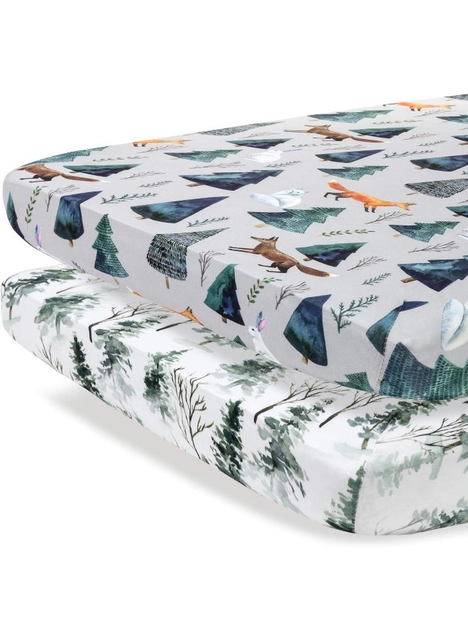 Pobi Baby - 2 Pack Premium Pack N Play Sheets Fitted for Standard Pack and Plays and Mini Cribs - Ultra-Soft Cotton Blend, Stylish Animal Woodland Pattern, Safe and Snug for Baby