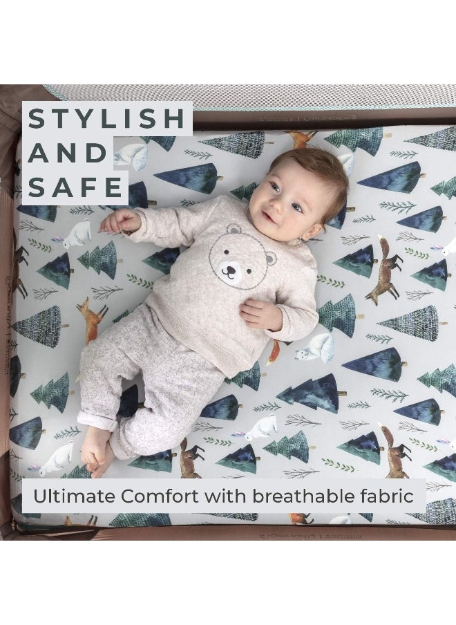 Pobi Baby - 2 Pack Premium Pack N Play Sheets Fitted for Standard Pack and Plays and Mini Cribs - Ultra-Soft Cotton Blend, Stylish Animal Woodland Pattern, Safe and Snug for Baby