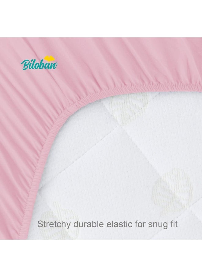 Biloban Mini Crib Sheets, Pack N Play Sheet Fitted, 2 Pack Portable Playard Sheets, Ultra Soft Microfiber Pack and Play Sheets, White & Pink, Preshrunk