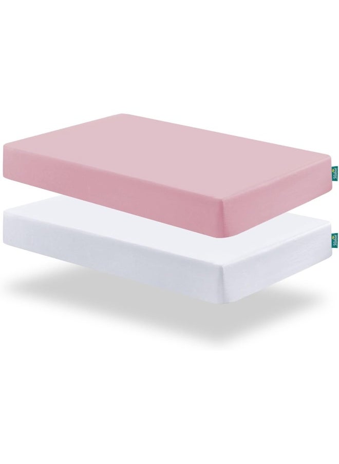 Biloban Mini Crib Sheets, Pack N Play Sheet Fitted, 2 Pack Portable Playard Sheets, Ultra Soft Microfiber Pack and Play Sheets, White & Pink, Preshrunk