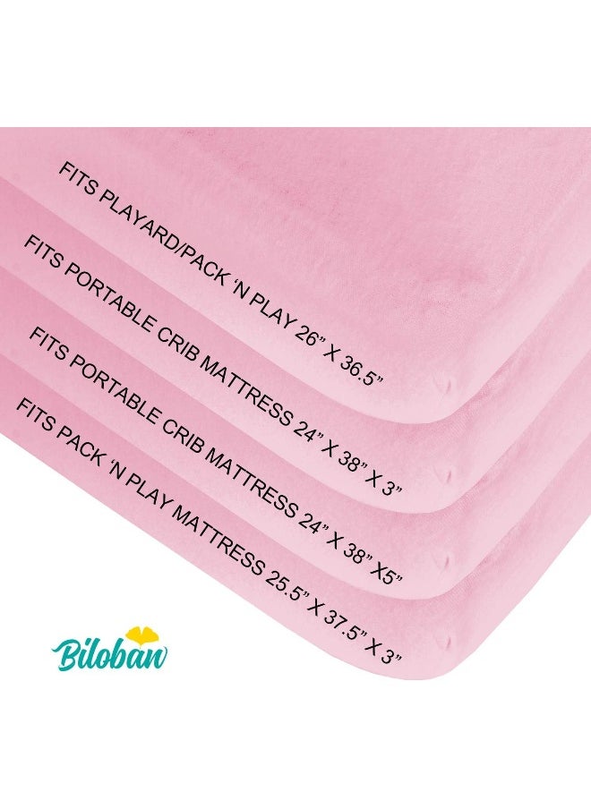 Biloban Mini Crib Sheets, Pack N Play Sheet Fitted, 2 Pack Portable Playard Sheets, Ultra Soft Microfiber Pack and Play Sheets, White & Pink, Preshrunk