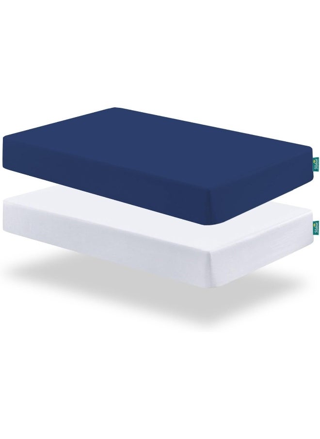 Biloban Pack and Play Sheets Fitted, 2 Pack Portable Playard Sheets, Ultra Soft Microfiber Pack and Play Sheets | Mini Crib Sheet, White & Navy, Preshrunk