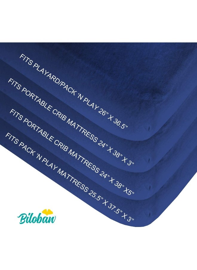 Biloban Pack and Play Sheets Fitted, 2 Pack Portable Playard Sheets, Ultra Soft Microfiber Pack and Play Sheets | Mini Crib Sheet, White & Navy, Preshrunk