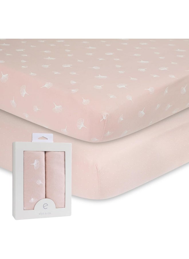Ely’s Crib Sheet 2-Pack – Combed, 100% Jersey Cotton for Baby Girl – Rosewater Pink, Pin Dots Gingko Leaves
