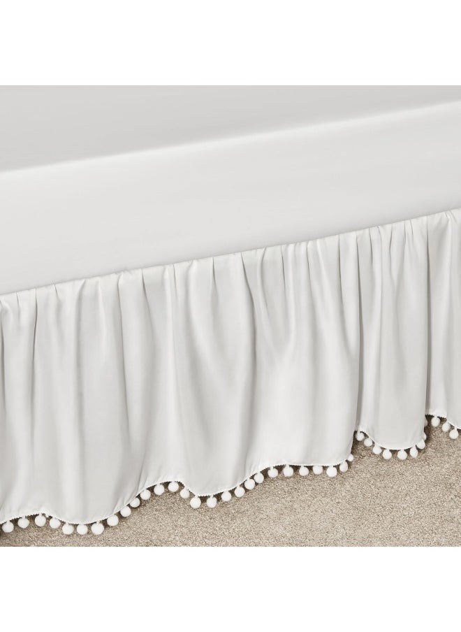 TILLYOU Ruffled Crib Skirt with Pompoms, Microfiber Nursery Crib Toddler Bedding Skirts for Baby Boys Girls, 14' Drop, White