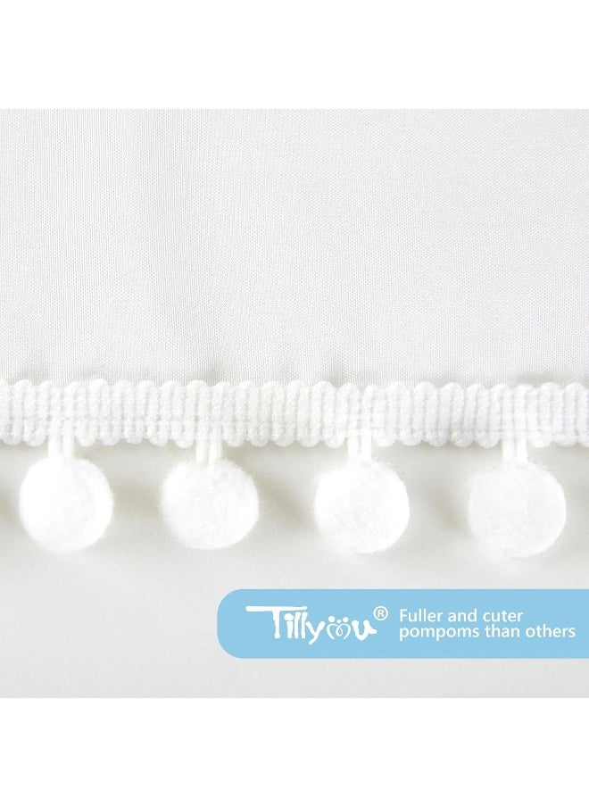 TILLYOU Ruffled Crib Skirt with Pompoms, Microfiber Nursery Crib Toddler Bedding Skirts for Baby Boys Girls, 14' Drop, White