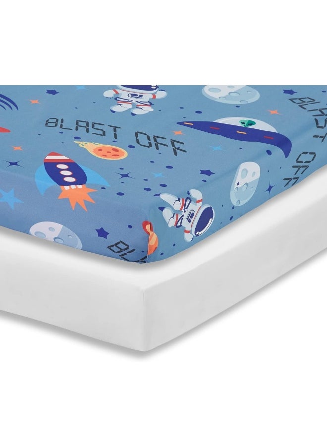 Everyday Kids 2 Pack Fitted Boys Crib Sheet, 100% Soft Microfiber, Breathable and Hypoallergenic Baby Sheet, Fits Standard Size Crib Mattress 28in x 52in, Nursery Sheet - Space/White