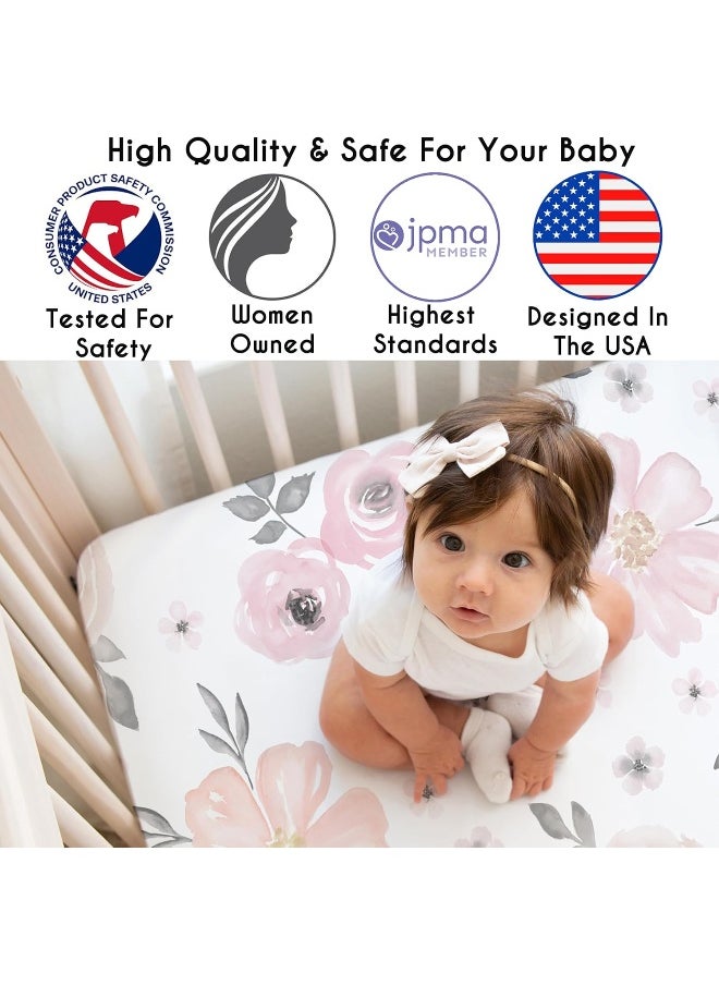 Sweet Jojo Designs Baby Crib Sheets Girl - Boho Pink Floral Fitted Crib Sheet for Infant Nursery Toddler Room Standard Mattress - Rose Flower Bohemian Farmhouse Wildflower Nature Blush Pink Ivory Grey