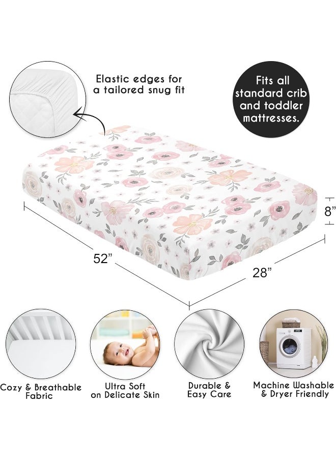 Sweet Jojo Designs Baby Crib Sheets Girl - Boho Pink Floral Fitted Crib Sheet for Infant Nursery Toddler Room Standard Mattress - Rose Flower Bohemian Farmhouse Wildflower Nature Blush Pink Ivory Grey
