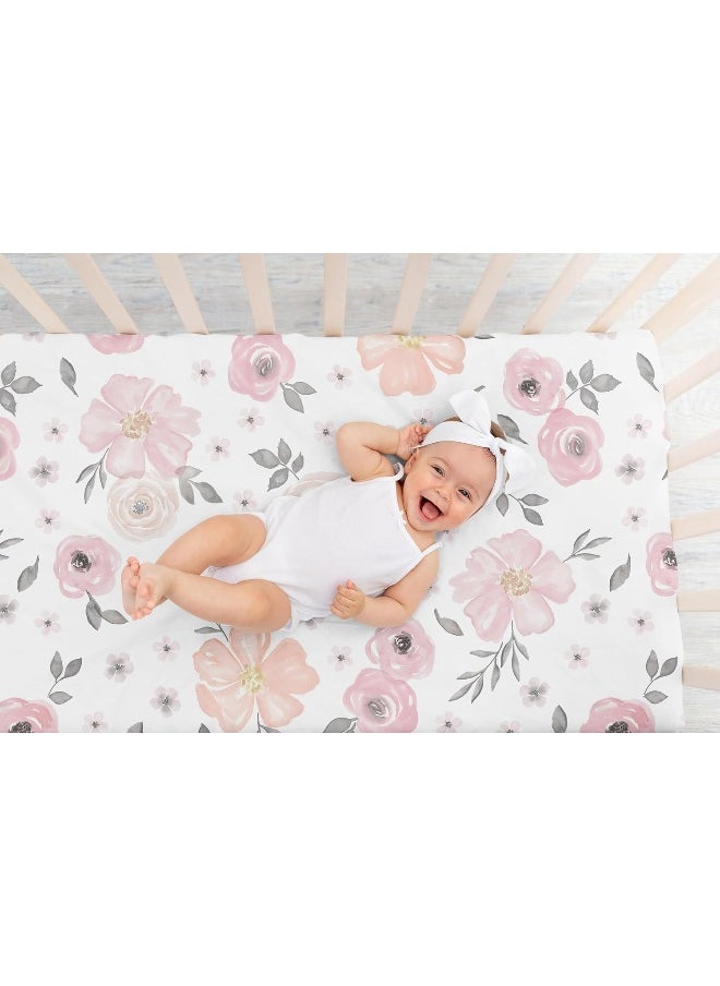 Sweet Jojo Designs Baby Crib Sheets Girl - Boho Pink Floral Fitted Crib Sheet for Infant Nursery Toddler Room Standard Mattress - Rose Flower Bohemian Farmhouse Wildflower Nature Blush Pink Ivory Grey
