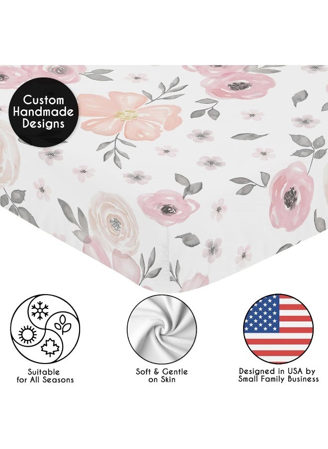 Sweet Jojo Designs Baby Crib Sheets Girl - Boho Pink Floral Fitted Crib Sheet for Infant Nursery Toddler Room Standard Mattress - Rose Flower Bohemian Farmhouse Wildflower Nature Blush Pink Ivory Grey