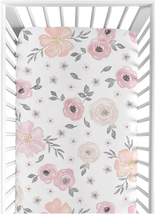 Sweet Jojo Designs Baby Crib Sheets Girl - Boho Pink Floral Fitted Crib Sheet for Infant Nursery Toddler Room Standard Mattress - Rose Flower Bohemian Farmhouse Wildflower Nature Blush Pink Ivory Grey