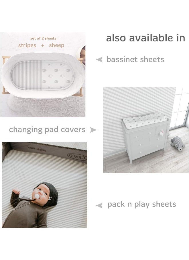 Cuddly Cubs Baby Crib Mattress Sheets Set | 2 Pack Crib Fitted Sheet For Boys, Girls, Toddler | Unisex Jersey Knit Cotton Babies Sheets for Crib | Sheep and Stripe in Grey and White