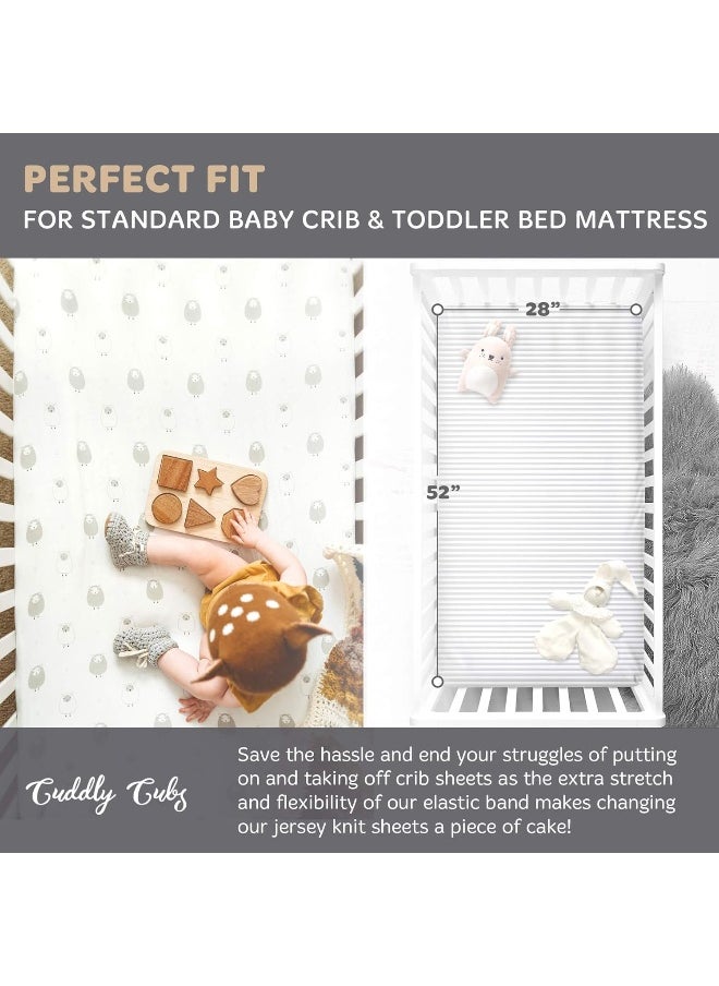 Cuddly Cubs Baby Crib Mattress Sheets Set | 2 Pack Crib Fitted Sheet For Boys, Girls, Toddler | Unisex Jersey Knit Cotton Babies Sheets for Crib | Sheep and Stripe in Grey and White
