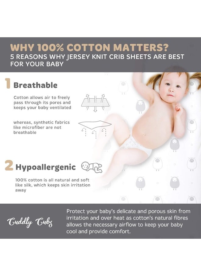Cuddly Cubs Baby Crib Mattress Sheets Set | 2 Pack Crib Fitted Sheet For Boys, Girls, Toddler | Unisex Jersey Knit Cotton Babies Sheets for Crib | Sheep and Stripe in Grey and White
