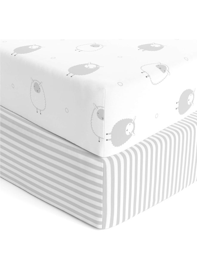 Cuddly Cubs Baby Crib Mattress Sheets Set | 2 Pack Crib Fitted Sheet For Boys, Girls, Toddler | Unisex Jersey Knit Cotton Babies Sheets for Crib | Sheep and Stripe in Grey and White