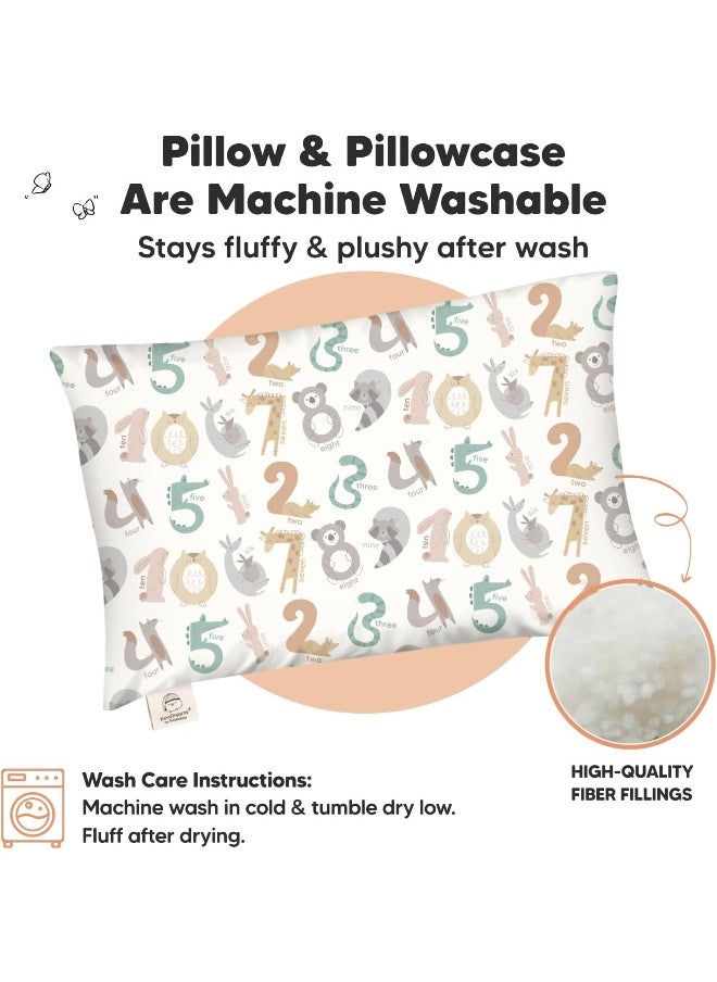 My Little Dreamy Toddler Pillow With Pillowcase - 13x18 Organic Cotton, for Sleeping, Kids, Travel, Mini, Nursery, Bed (Wild Count)